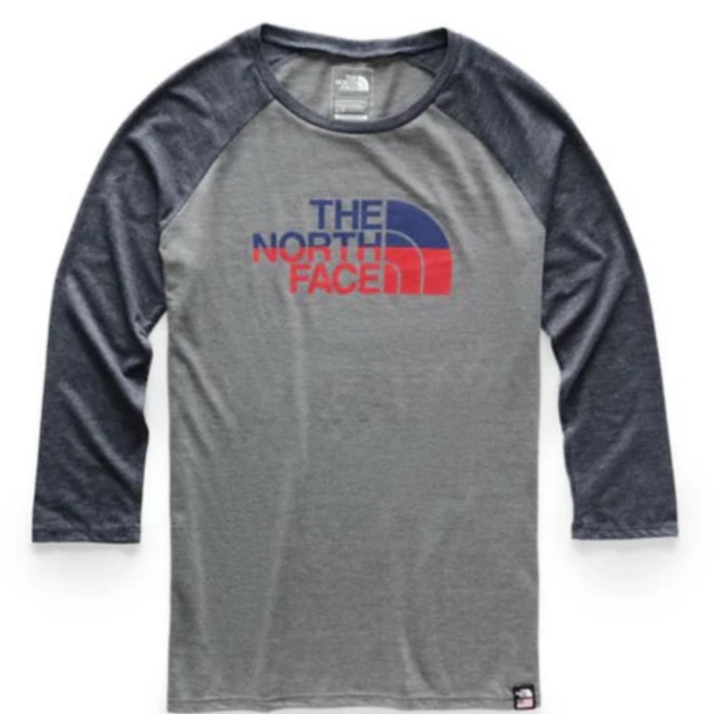 The North Face Gray and Blue 3/4 Sleeve Shirt Women’s.